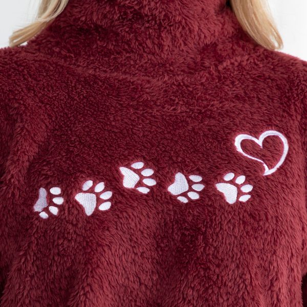 Paw Print Mock Neck Plush Sherpa Fleece Pullover with Thumb Holes Fashion