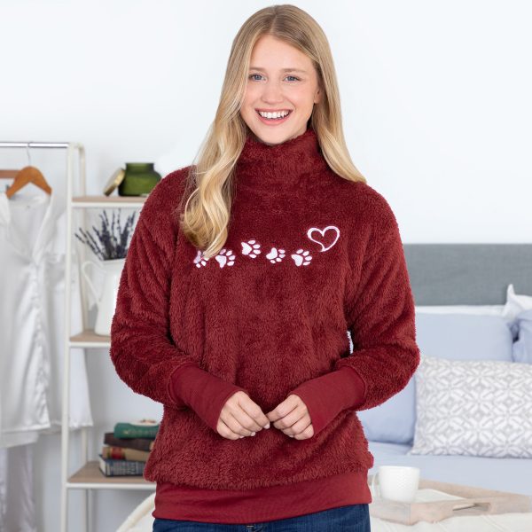 Paw Print Mock Neck Plush Sherpa Fleece Pullover with Thumb Holes Fashion